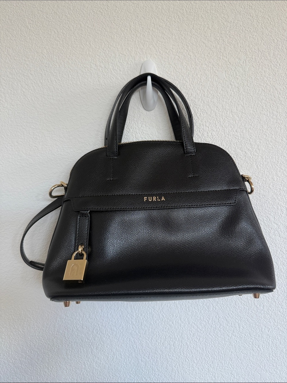 Furla Black Leather Dome Satchel with Gold Hardware Accent
